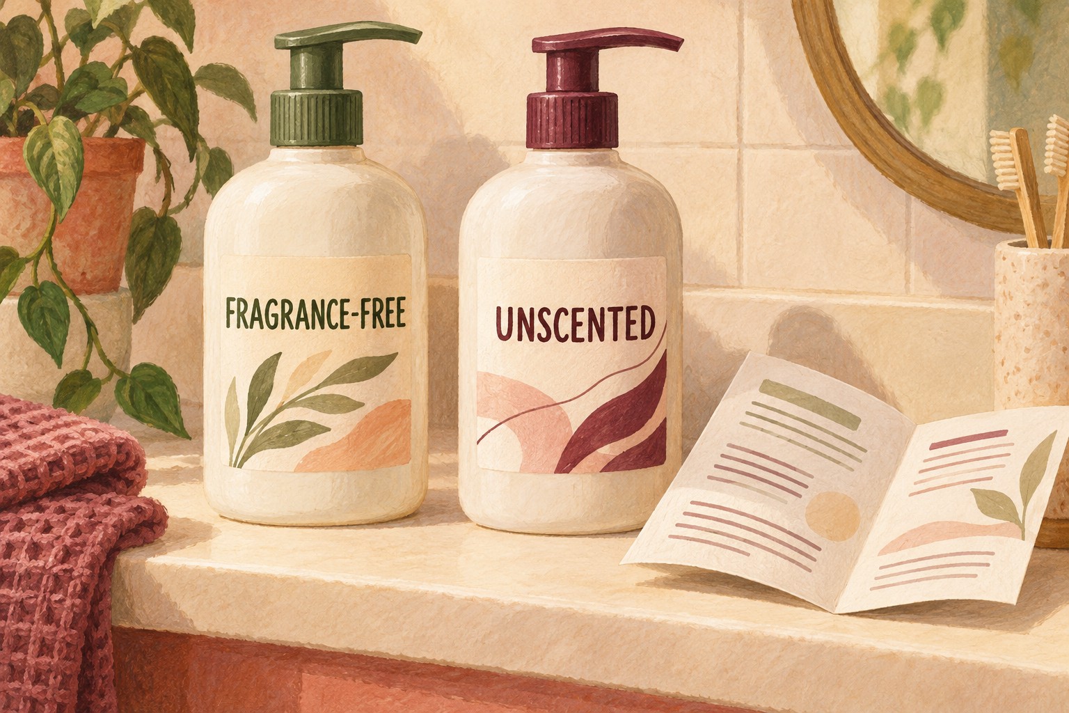 Illustrated lotion bottles labelled fragrance-free and unscented beside a folded leaflet