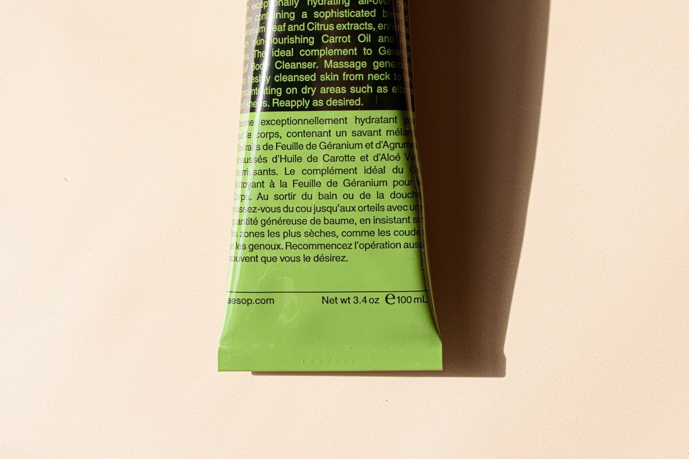 Close view of the ingredient list on a cosmetic tube