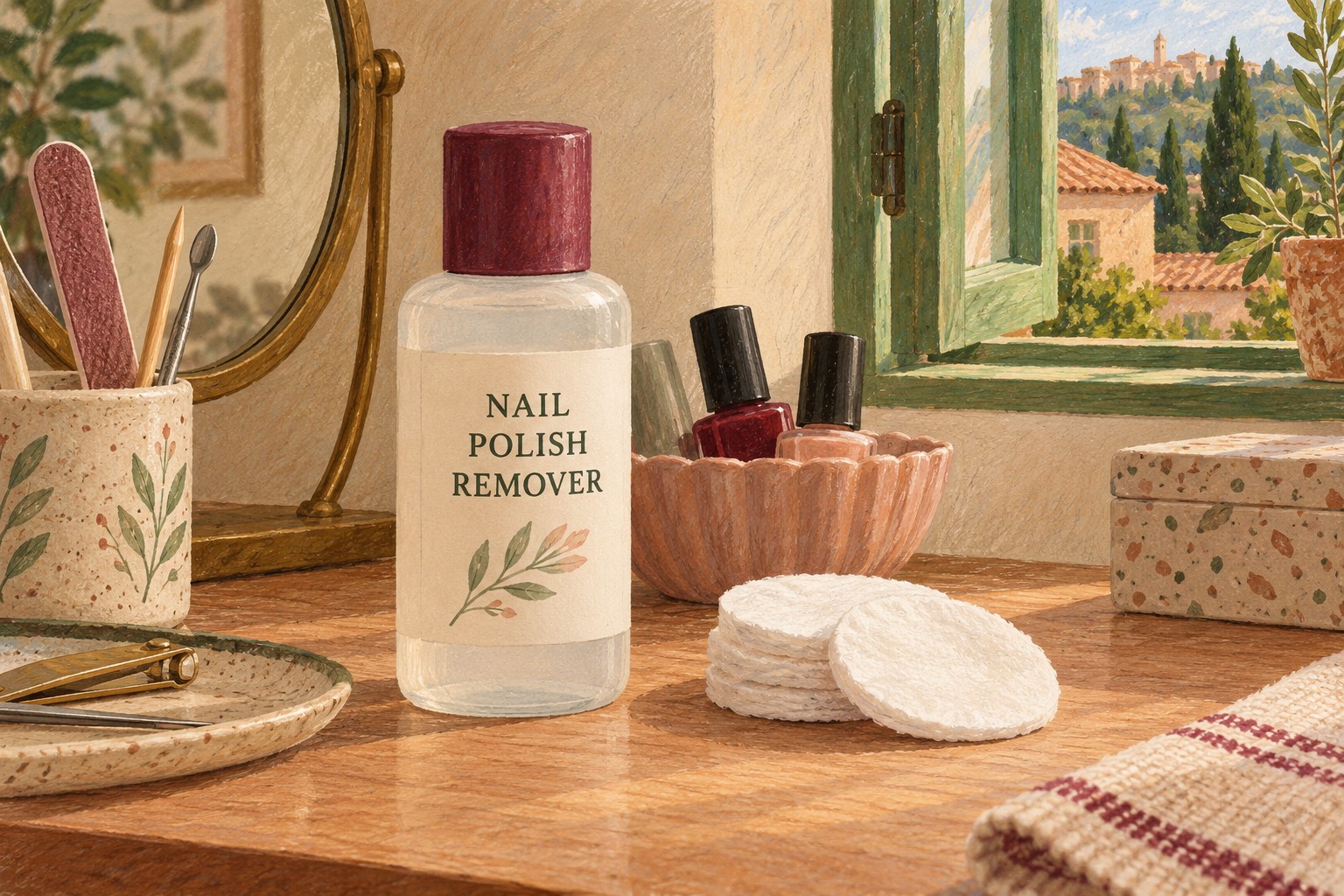 Illustrated nail polish remover and cotton pads near an open window
