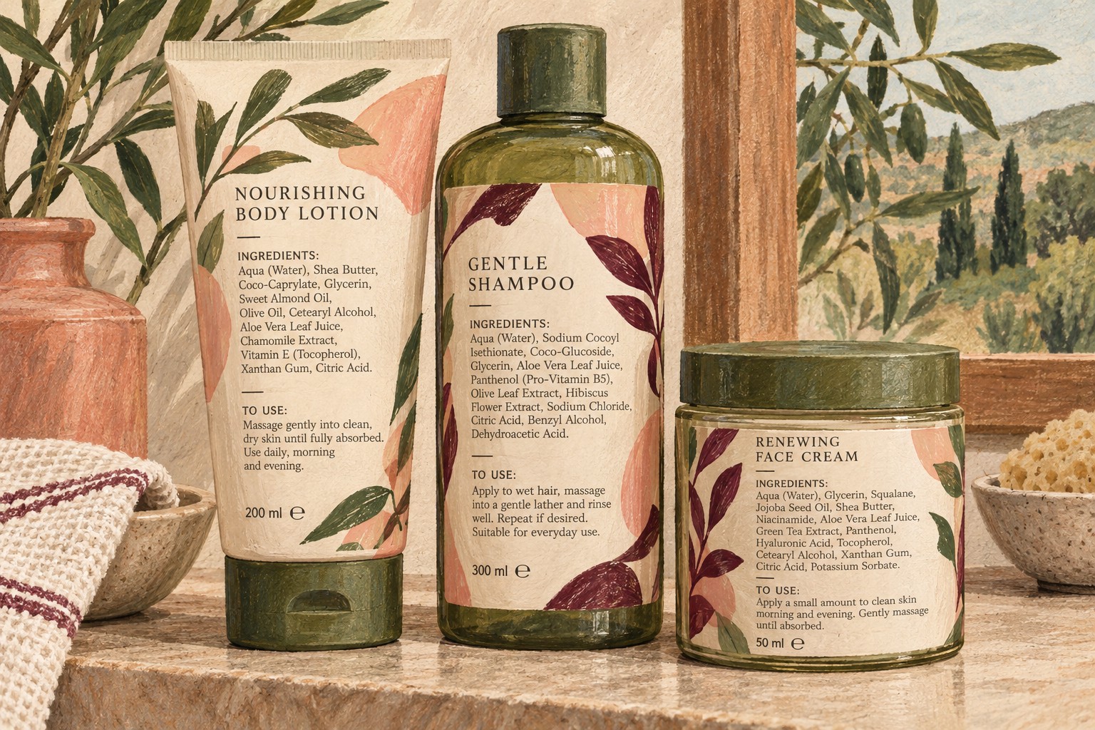 Illustrated toiletries with ingredient and use information on their packaging
