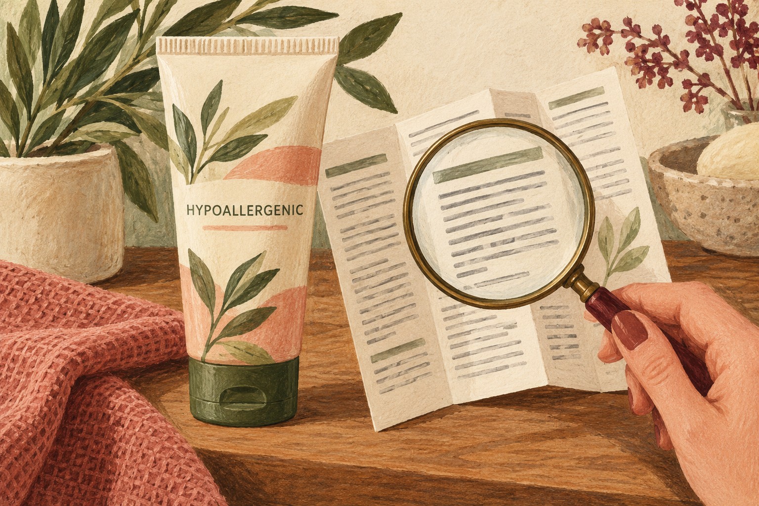 Illustrated cosmetic tube marked hypoallergenic beside a leaflet and magnifier