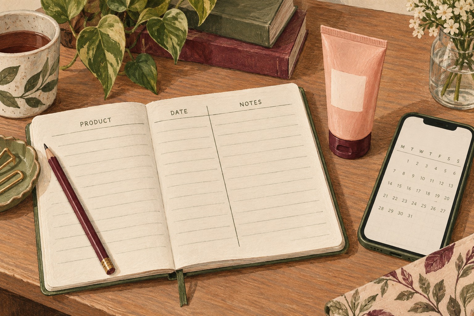 Illustrated product, date and notes record beside a cosmetic tube