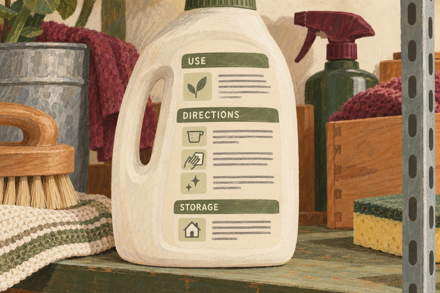 Illustrated household cleaner label with use, directions and storage sections
