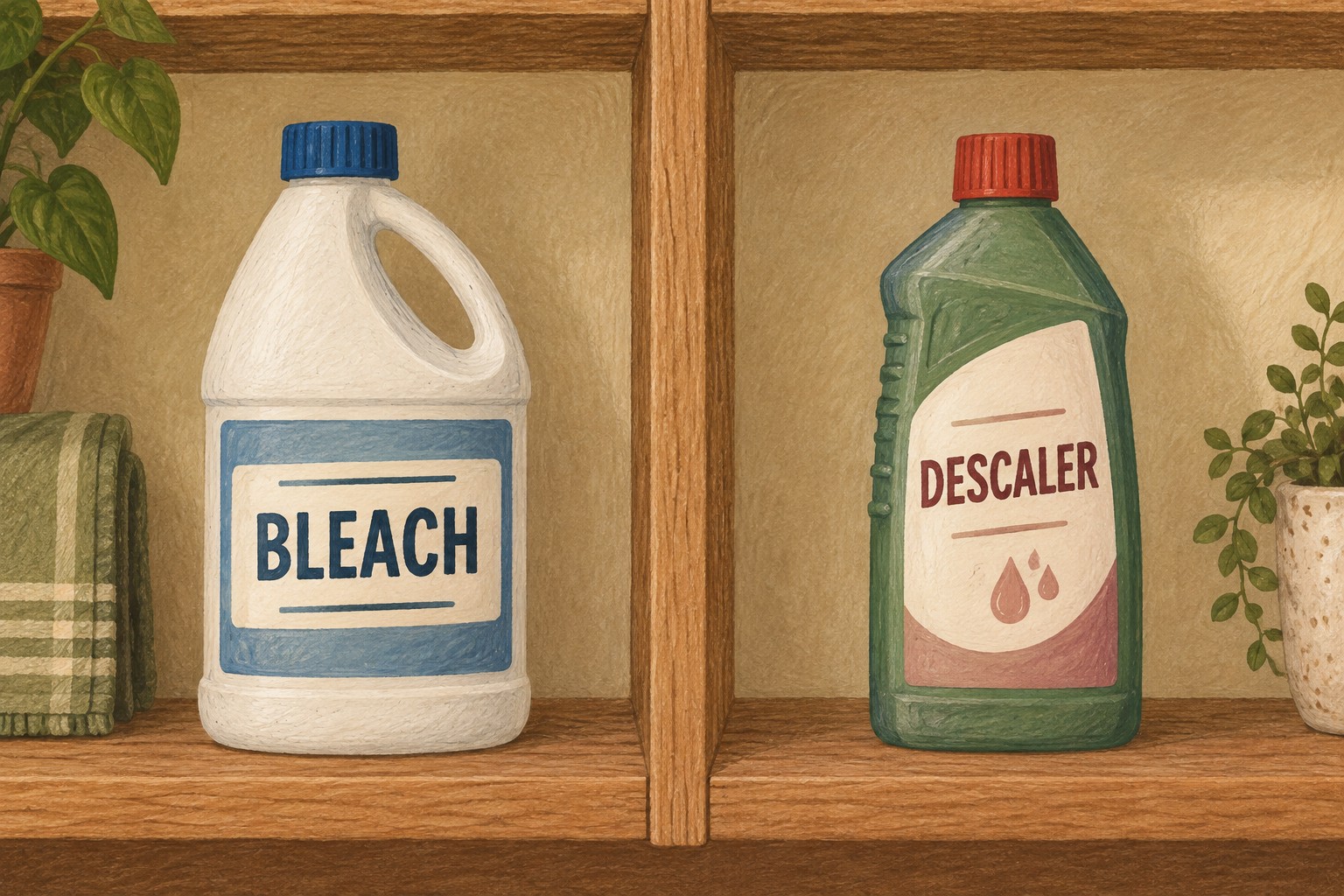 Illustrated closed bleach and descaler bottles kept in separate shelf spaces