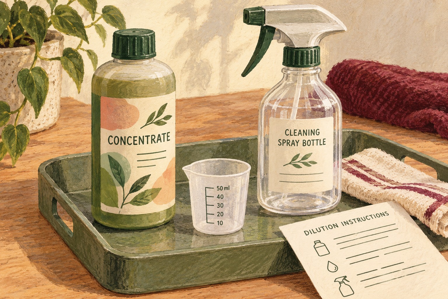 Illustrated concentrate, measuring cup and spray bottle beside dilution instructions