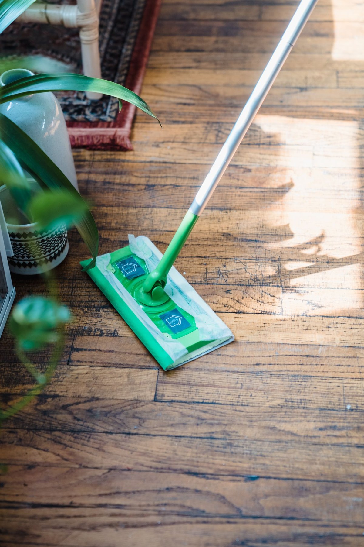 A mop cleaning a wooden floor