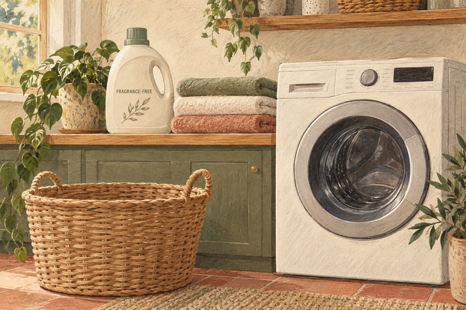 Illustrated fragrance-free detergent beside a washing machine and towels