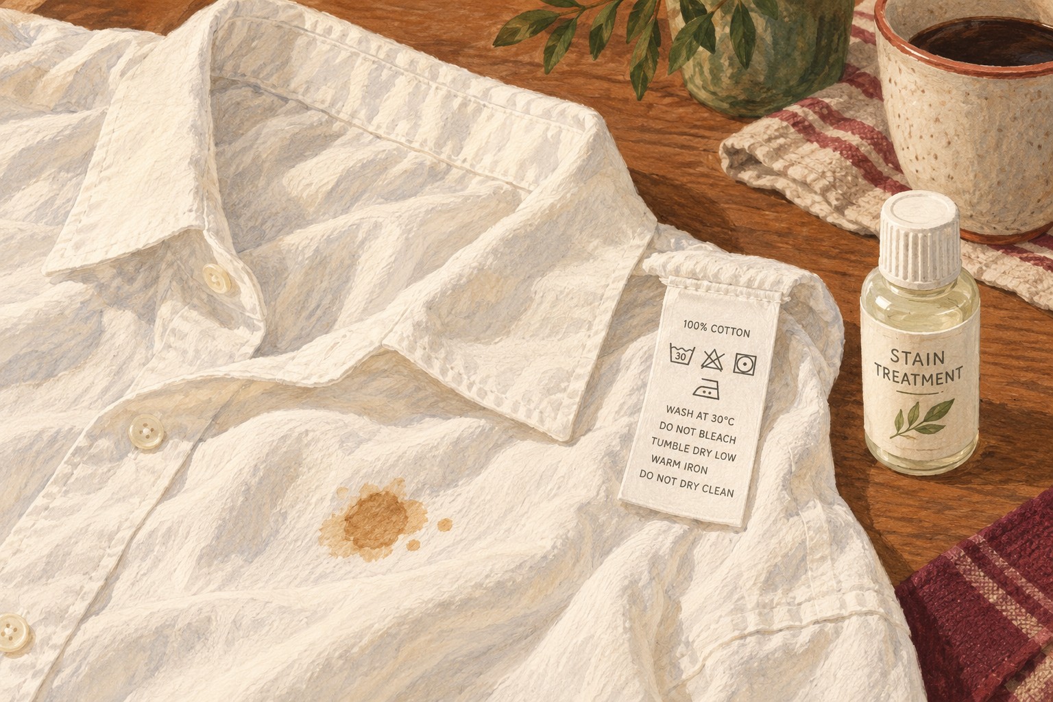 Illustrated stained shirt, fabric care label and stain treatment
