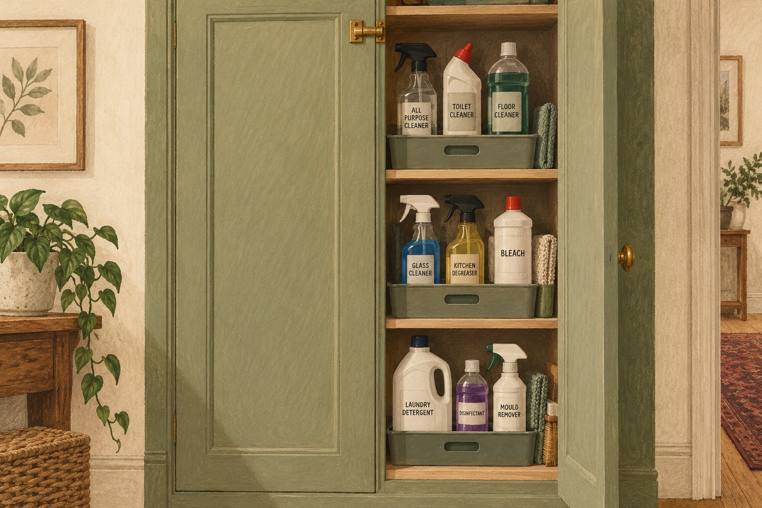 Illustrated cupboard dedicated to labelled cleaning products