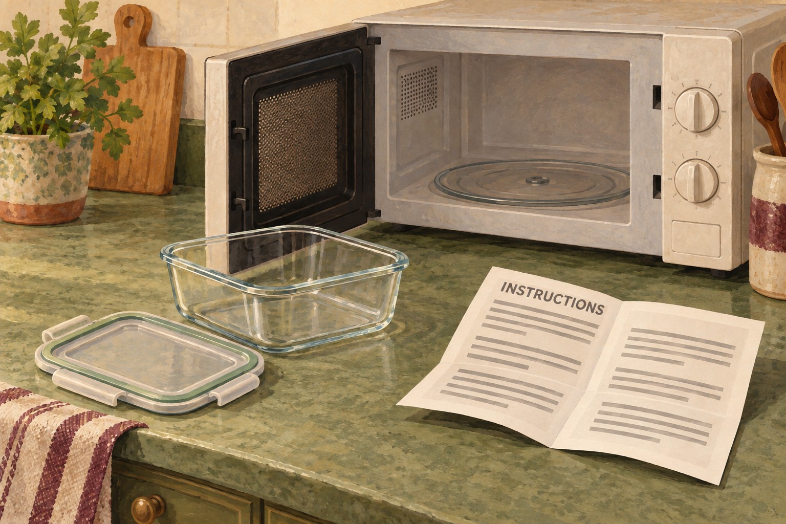 Illustrated microwave beside a glass container, separate lid and instructions