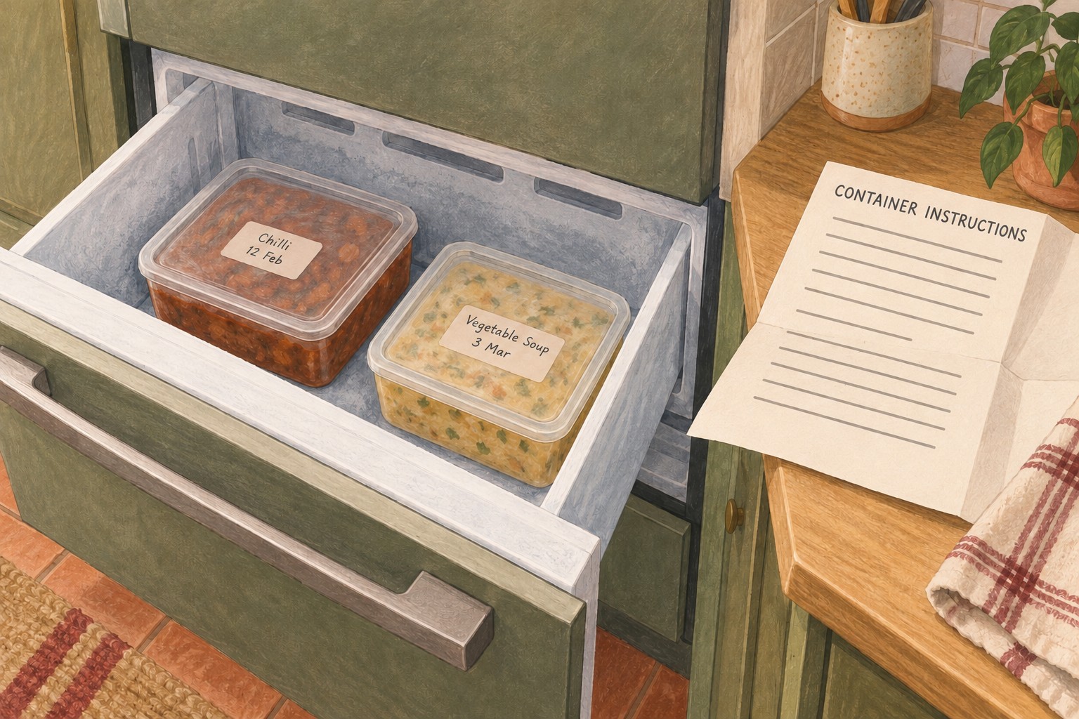 Illustrated dated food containers in a freezer drawer beside instructions