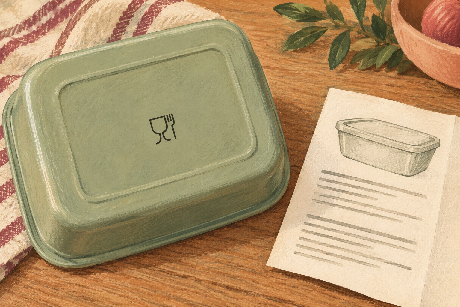 Illustrated food container marked with a fork-and-glass symbol
