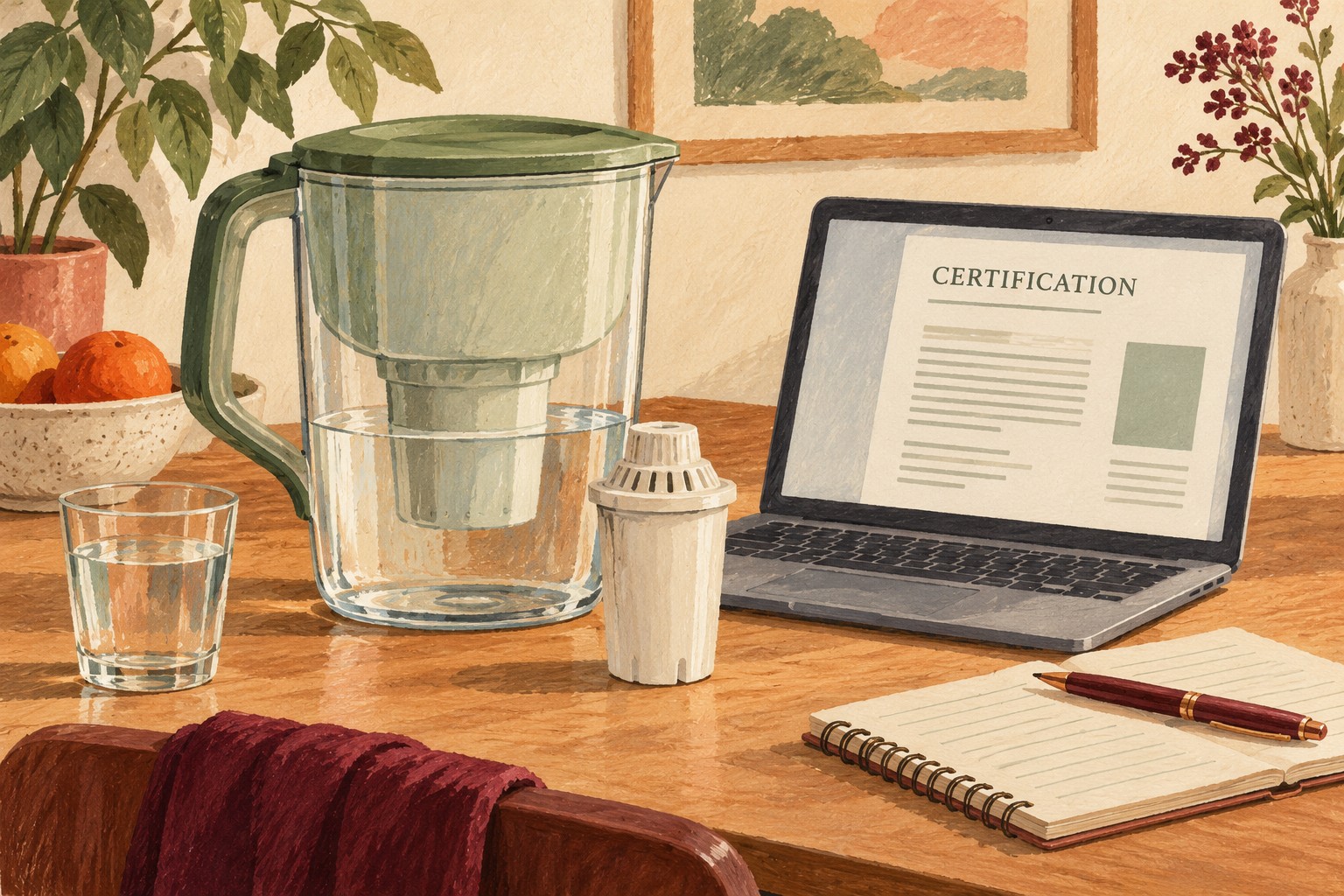 Illustrated water filter pitcher beside certification information on a laptop
