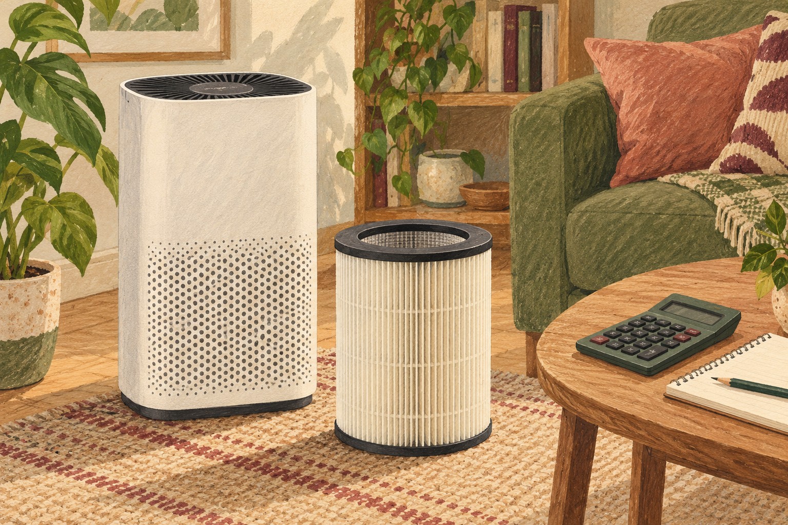 Illustrated room air purifier, cylindrical replacement filter and calculator