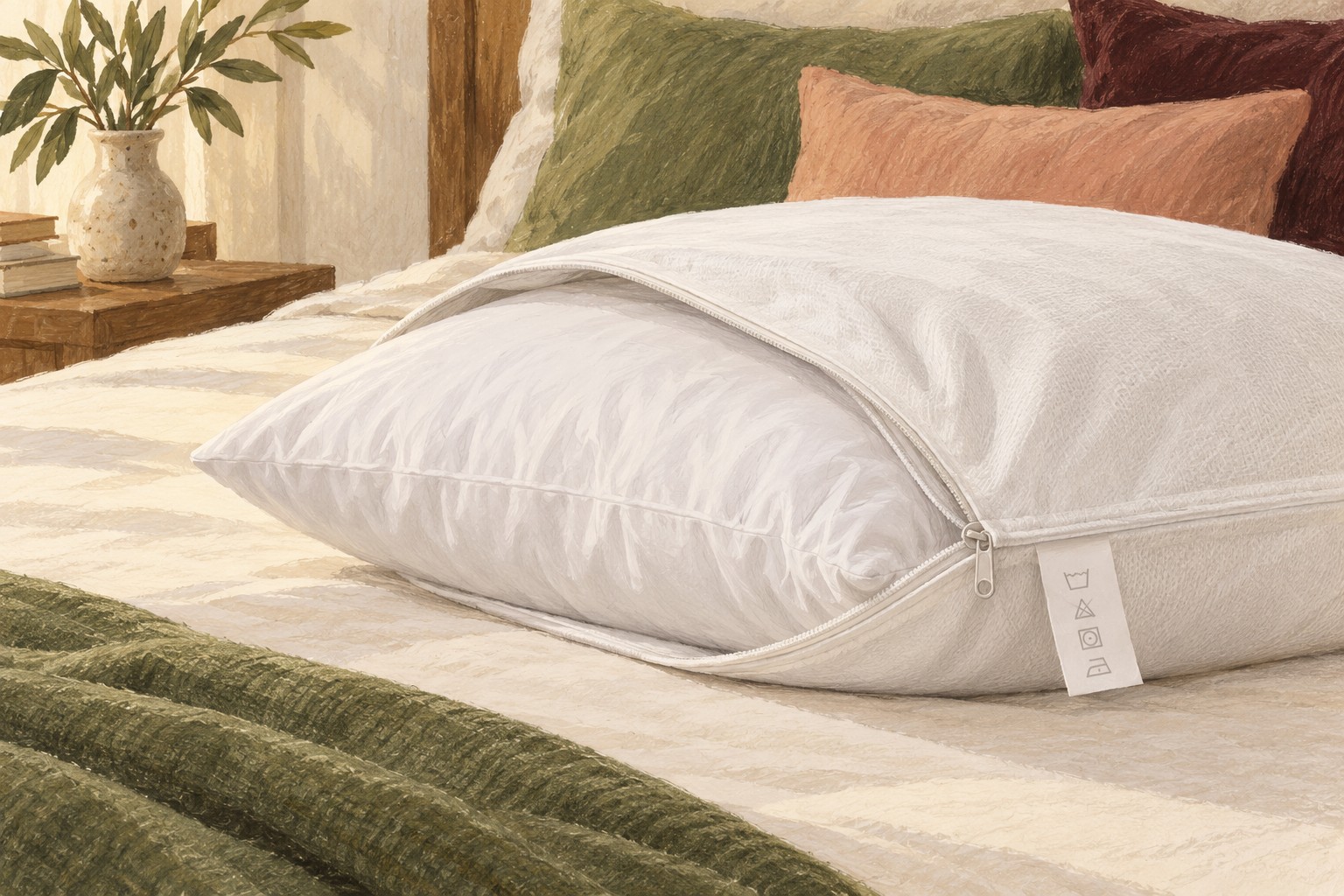 Illustrated pillow partly enclosed in a zippered pillow protector