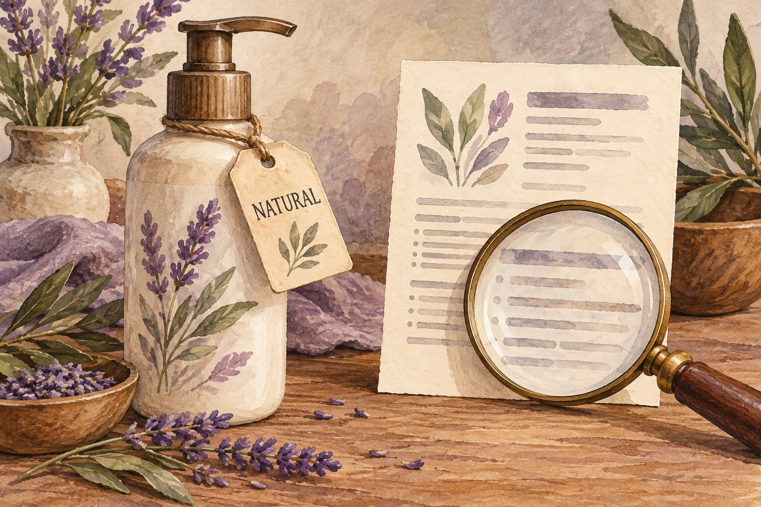 Illustrated lotion bottle with a natural claim, ingredient card and magnifying glass.
