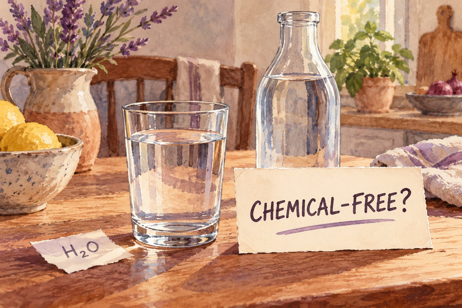 Illustrated glass of water beside a chemical-free question card.