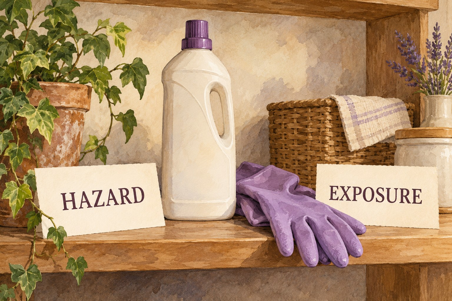 Illustrated closed cleaner and gloves between hazard and exposure cards.