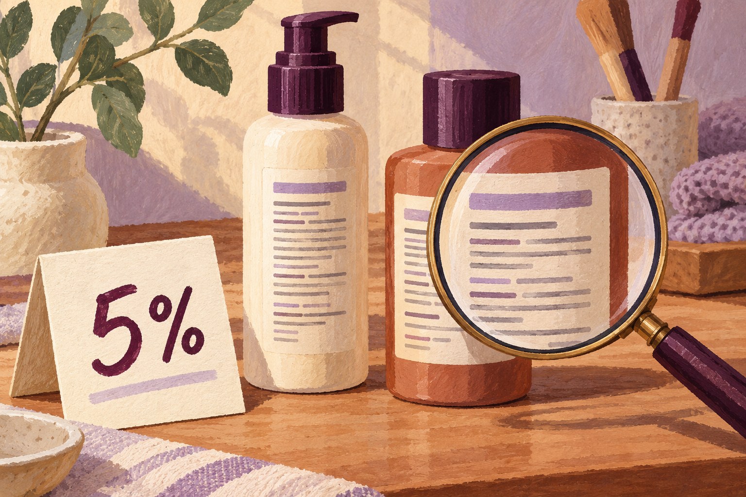 Illustrated cosmetic bottles with a five-percent card and a magnified label.