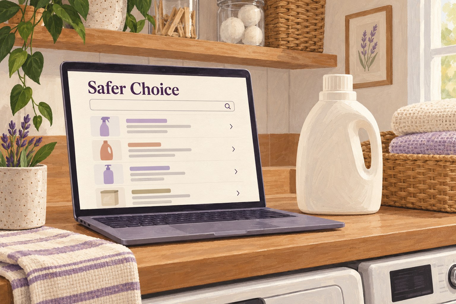 Illustrated laptop with a Safer Choice directory heading beside a detergent bottle.
