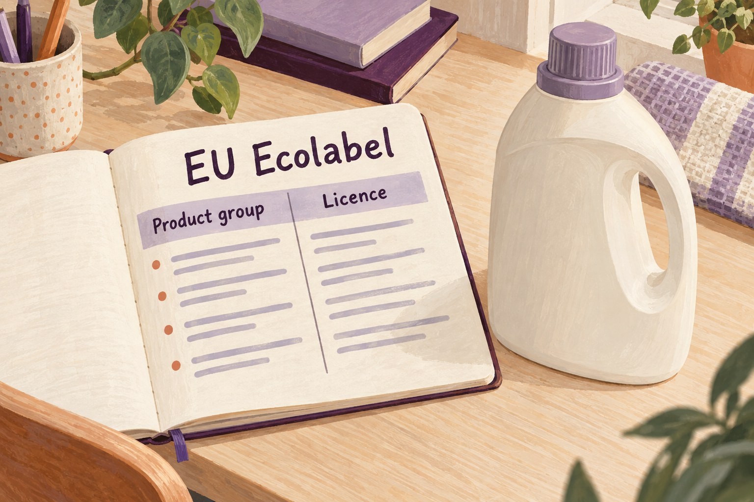 Illustrated EU Ecolabel notebook with product-group and licence columns.
