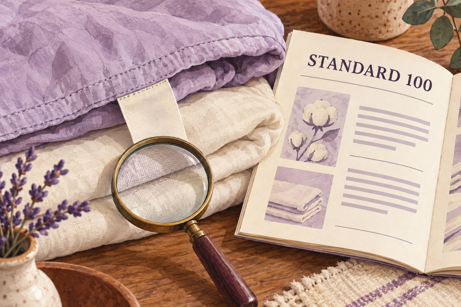 Illustrated folded bedding, a sewn-in tag and a STANDARD 100 information booklet.