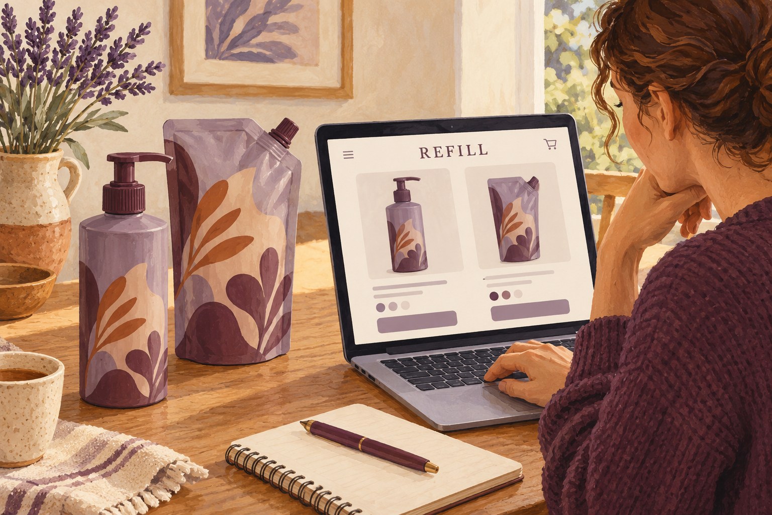 Illustrated matching pump bottle and refill pouch being checked on a laptop.