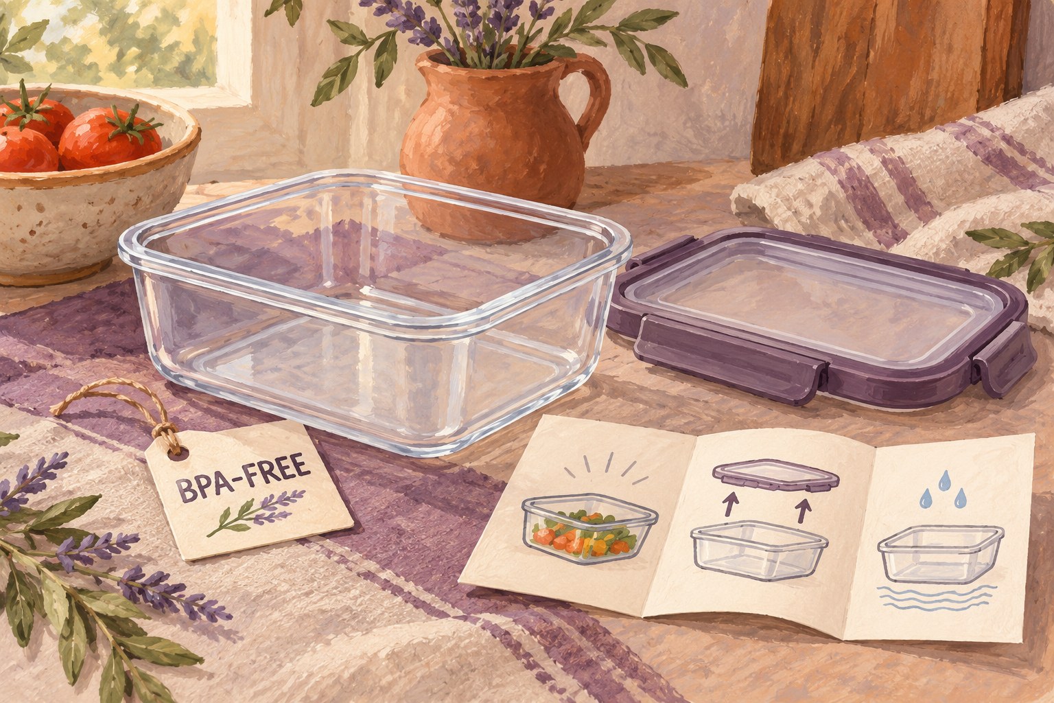 Illustrated food container with a separate lid, BPA-free tag and instruction leaflet.