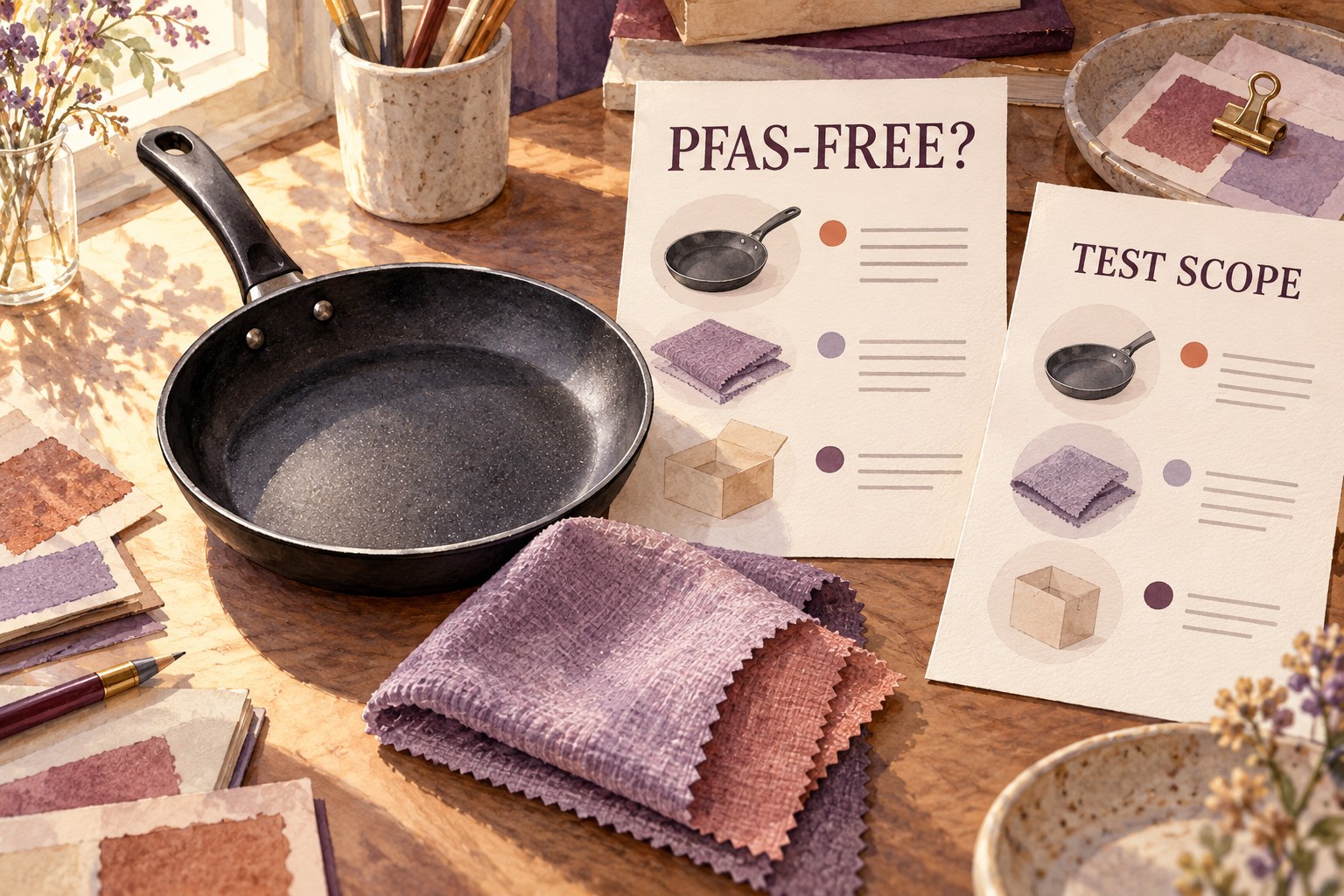 Illustrated pan and fabric samples beside PFAS-free and test-scope information cards.