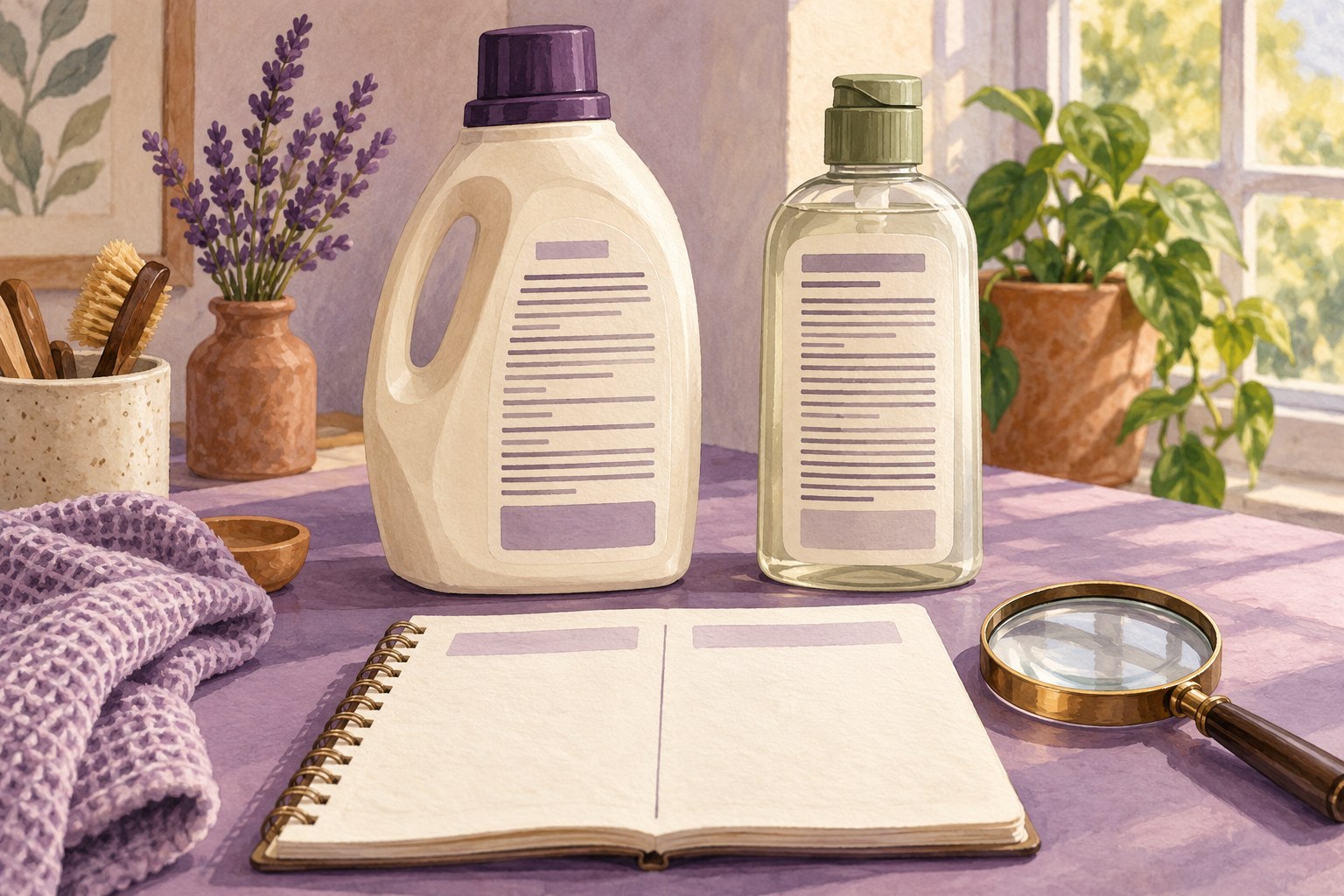 Illustrated household bottles with their back labels visible beside a comparison notebook.
