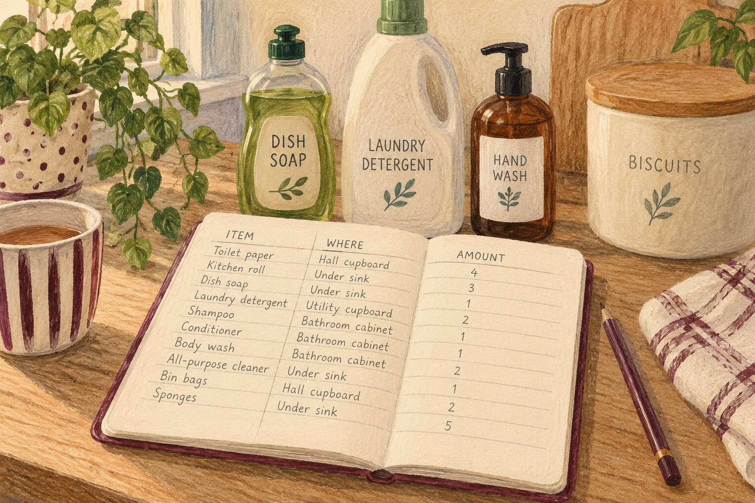 Illustrated household inventory notebook beside everyday products