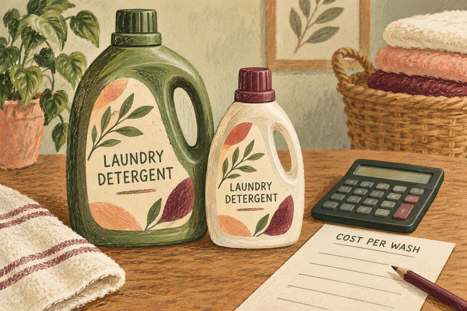 Illustrated detergent bottles and calculator beside a cost-per-wash worksheet