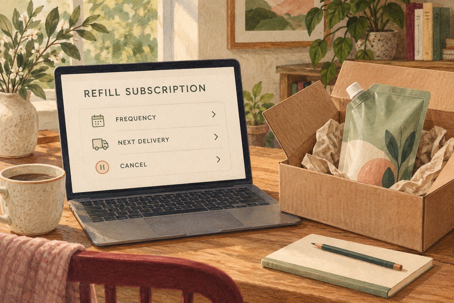 Illustrated refill-subscription settings beside a delivery box