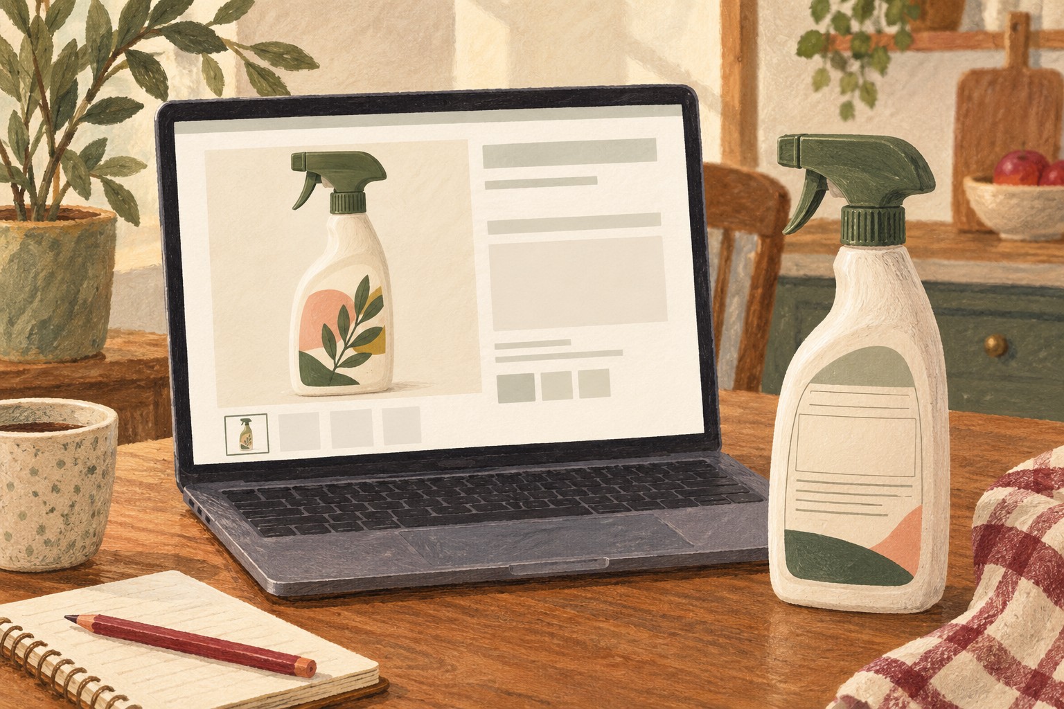 Illustrated online product listing beside a physical cleaner bottle