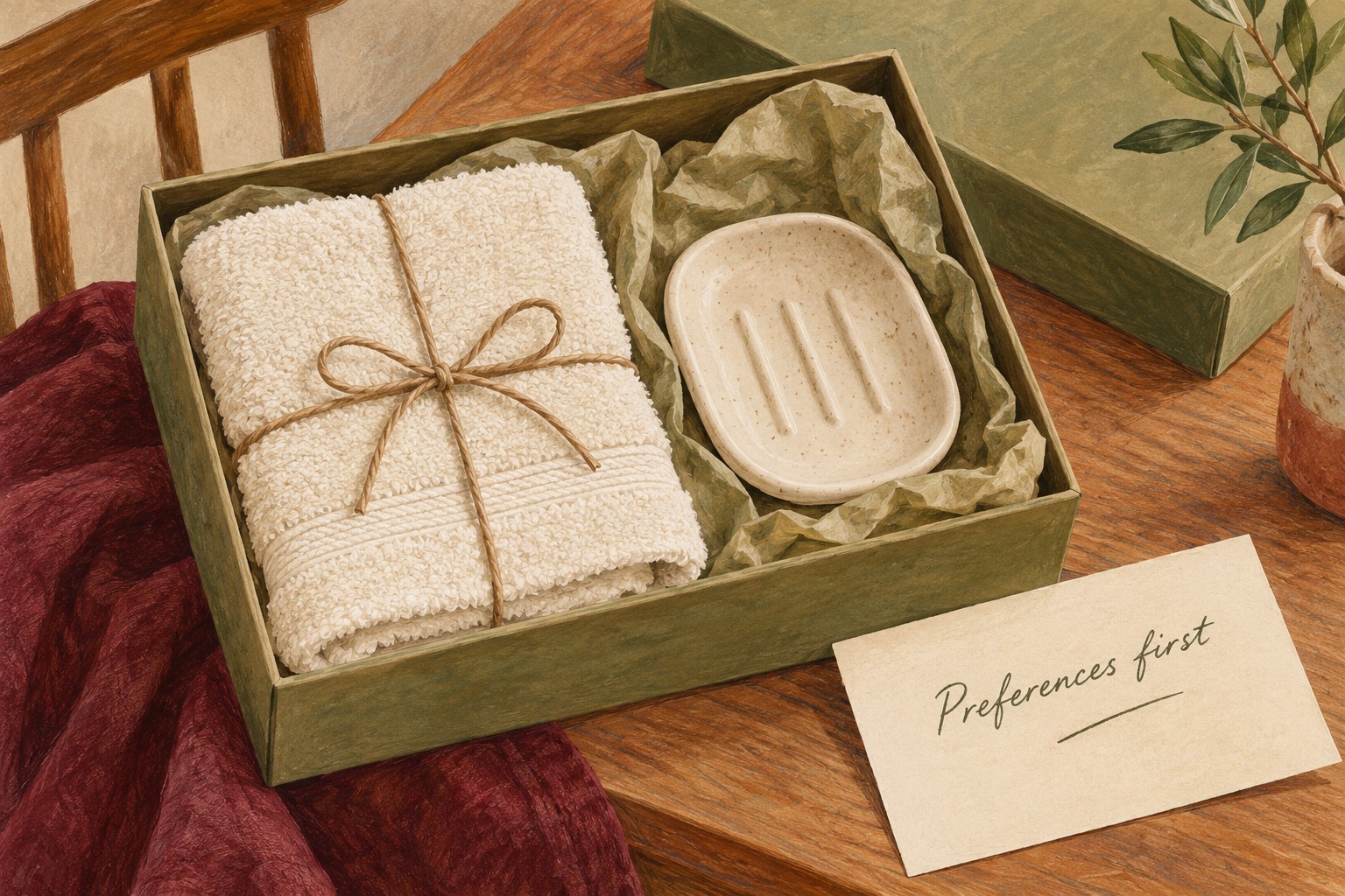 Illustrated gift box containing a towel and soap dish