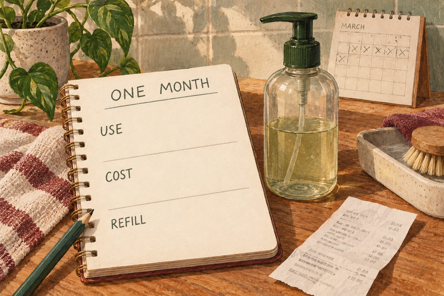 Illustrated one-month purchase review worksheet beside a hand-wash bottle